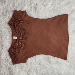 Anthropologie Brown Embellished Scoop Neck Tee